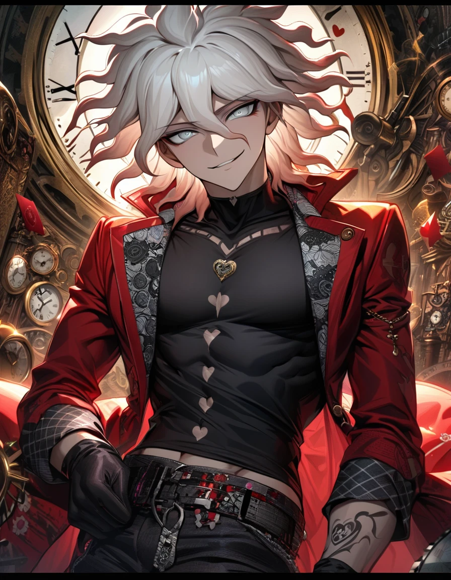 Ultra detailed, highres, absurdres, HDR, Komaeda Nagito, white hair, silver eyes, Danganronpa, red long coat, black tight shirt with patterns, clock, gear, in wonderland, heart cards, sexy man, solo, handsome, very detailed face and eyes, black gloves, toned chest, smirking