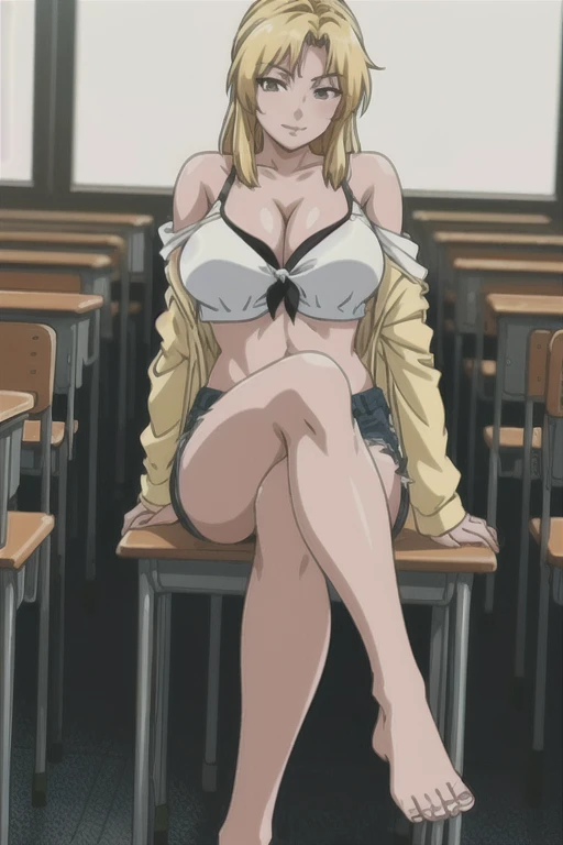 masterpiece, best quality, highres, 1girl kaori saeki,  micro denim shorts, black off shoulder crop top , classroom, full body shot, (smug:0.3), looking at viewer, focus solo, sexy pose, crossing legs, mature, flip flops, detailed feet, busty, cleavage, blonde