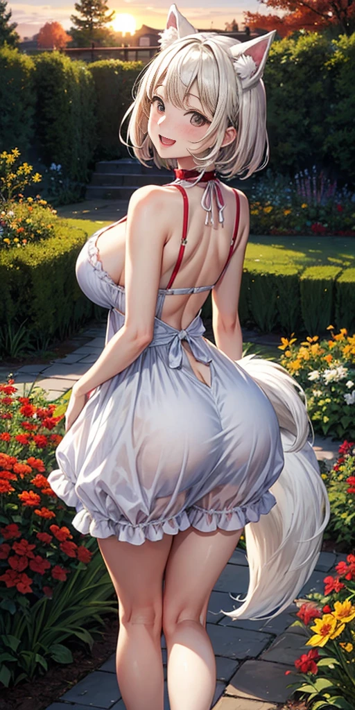 masterpiece, best quality, roxanne, dog ears, fluffy dog ears, collar, sundress, looking at viewer, garden, autumn, sunset, large breasts, ass, smile edgYSD, woman wearing a sundress, very voluminous very fluffy very long dog tail, dog tail starts immediately above butt, dog tail starts from skin, entire dog tail visible, short hair, bloomers, flushed skin, blushing face, red cheeks, lewd smile, slightly open mouth, gravure, pinup, very long legs, no ears, open-back dress