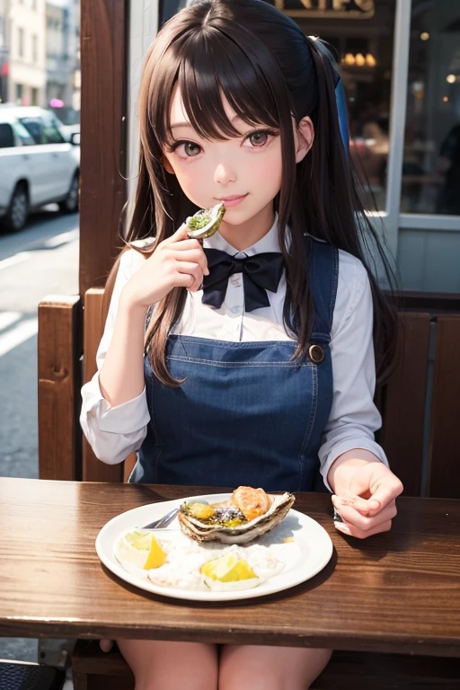 The customer next to me is an oyster girl eating oysters.