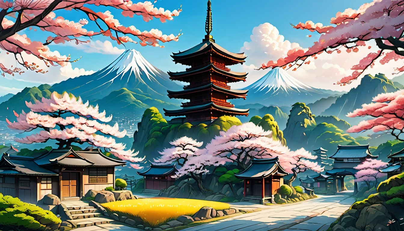 Beautiful shrine landscape, cherry blossoms, pines, anime background art, Japan art style, beautiful anime scene, detailed scenery - width 672, background art, anime landscape, anime background, beautiful anime scenery, beautiful peace scene in anime, landscape artwork, Japan village, anime landscape concept art, 8k))