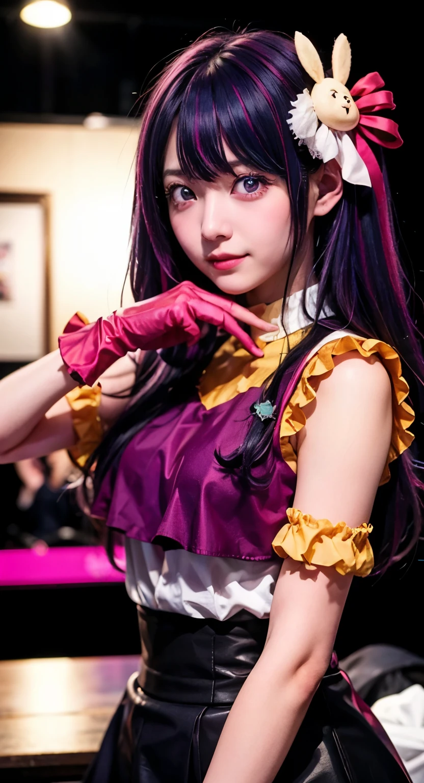 masterpiece, RAW Photos, 8K Ultra High Definition, Fine grain, Detailed face, highest quality, Very detailed,alone, hoshinoai, skirt, Pink gloves, hair ornaments, View your viewers, heart, Purple eyes, Light purple hair,  