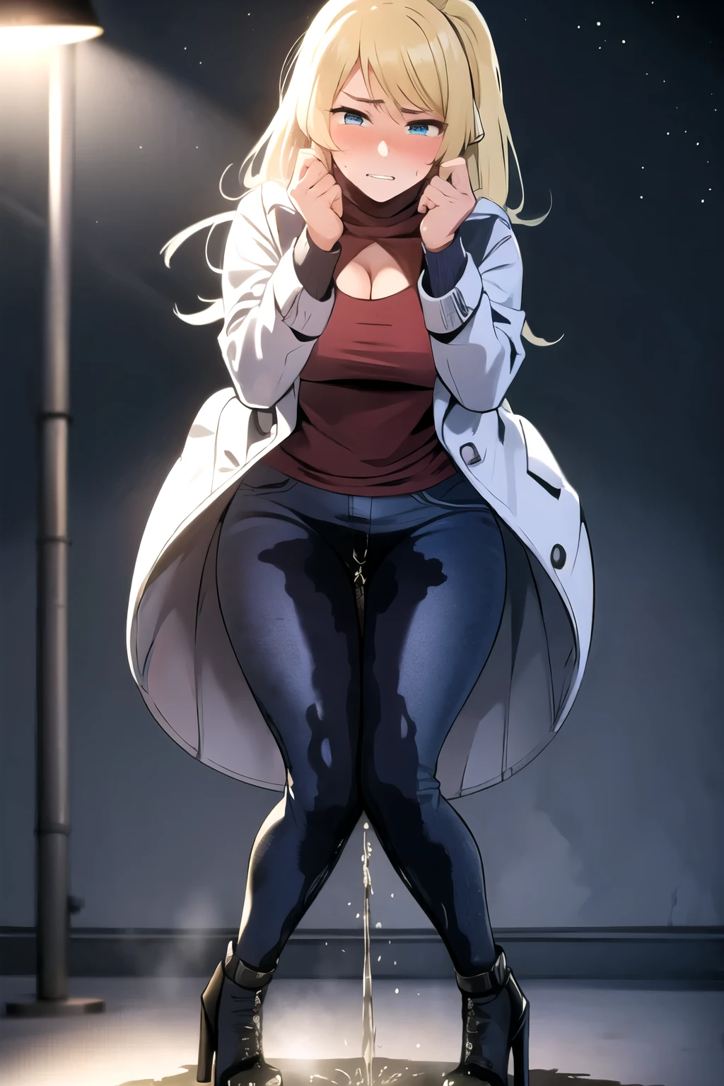 samus aran, (facing viewer:1.25), ponytail, large breasts, hair tie, jacket, (jeans:1.25), (standing straight:2.0), peeing herself, (wetting herself:1.5), very large peeing stain, huge pee stain, best quality, ultra-detailed, HDR, studio lighting, professional, vivid colors, sharp focus, physiologically-based rendering, bokeh, landscape, blue color palette, soft lighting, dynamic shadows, (hands on thighs:1.5), embarrassed, humiliation, blushing, angry, tears, (facing viewer:2.0), full body, high heels, cleavage