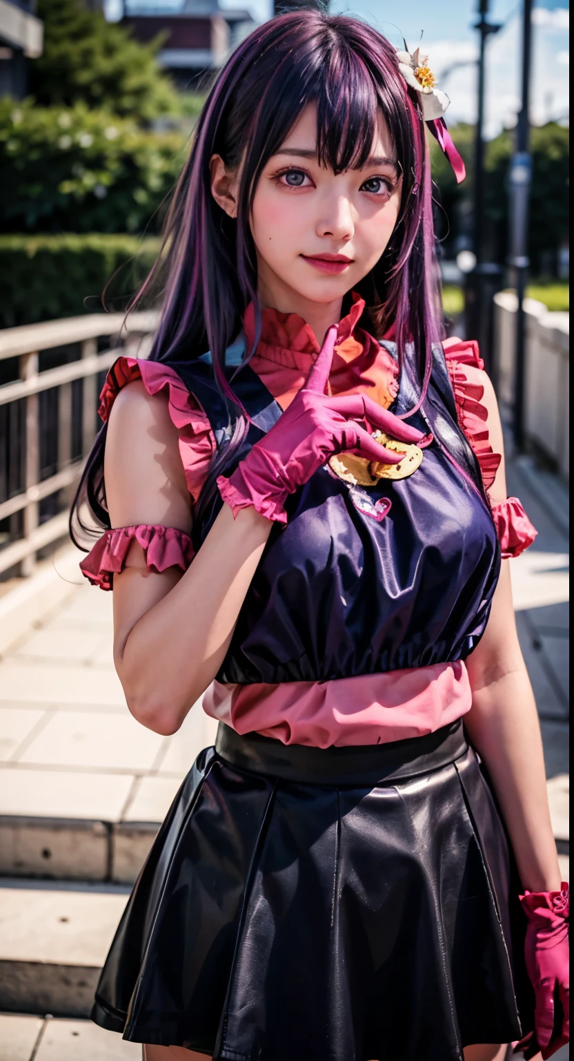 masterpiece, RAW Photos, 8K Ultra High Definition, Fine grain, Detailed face, highest quality, Very detailed,alone, hoshinoai, skirt, Pink gloves, hair ornaments, View your viewers, heart, Purple eyes, Light purple hair,  