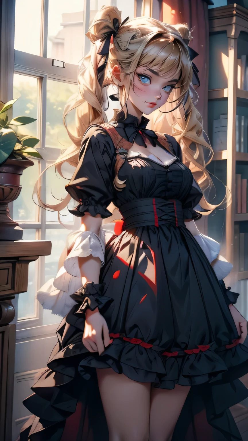 Masterpiece, beautiful details, perfect focus, uniform 8K wallpaper, high resolution, exquisite texture in every detail, 1 girl, solo, long hair, medium chest, cleavage, looking at viewer, blushing, open mouth, bangs, blue eyes, blonde, dress, bow, ribbon, twintails, standing, hair ribbon, short sleeves, Thighs, frills, fluffy sleeves, indoors, clothes lift, red ribbon, collar, fluffy short sleeves, window, black ribbon, blue dress, frilly dress, curtains, bloomers, skirt hold