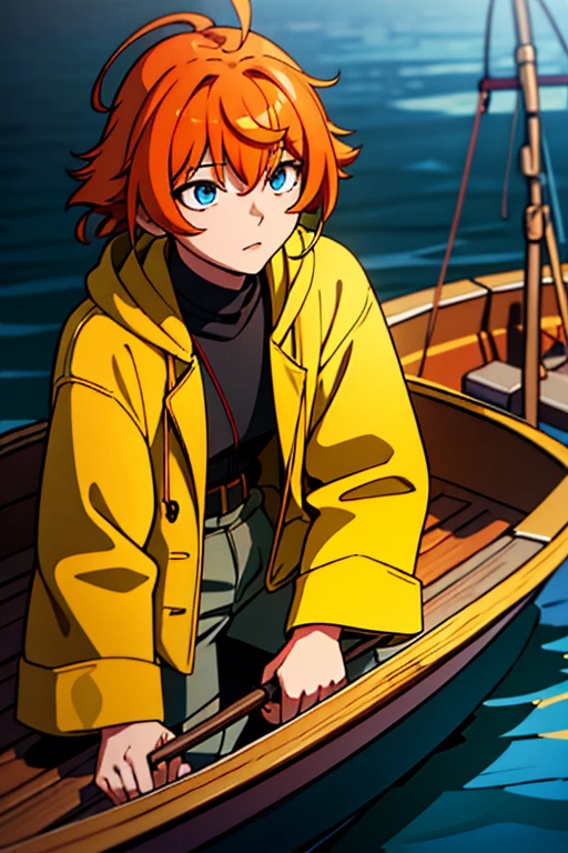 (Masterpiece:1.2), Best quality, Beautiful fisherman picture, Orange hair, 40 one, Wearing a yellow raincoat, (On a fishing boat:1.3), Dark clouds, Photoreal, Hyperreal, Excessive detail, analog style, Ready hip, Staid, Low cut, Detailed skin, Matte leather, Soft lighting, Subsurface dispersion, real, Heavy shadow, Masterpiece, Best quality, ultra real, 8K, Golden Ratio, complicated, High detail, Cinematography, Soft focus
