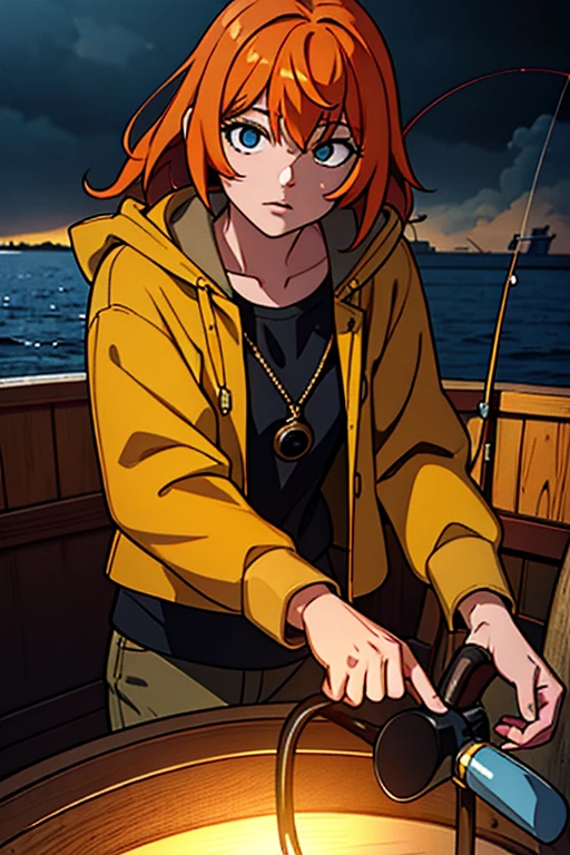 (Masterpiece:1.2), Best quality, Beautiful fisherman picture, Orange hair, 40 one, Wearing a yellow raincoat, (On a fishing boat:1.3), Dark clouds, Photoreal, Hyperreal, Excessive detail, analog style, Ready hip, Staid, Low cut, Detailed skin, Matte leather, Soft lighting, Subsurface dispersion, real, Heavy shadow, Masterpiece, Best quality, ultra real, 8K, Golden Ratio, complicated, High detail, Cinematography, Soft focus