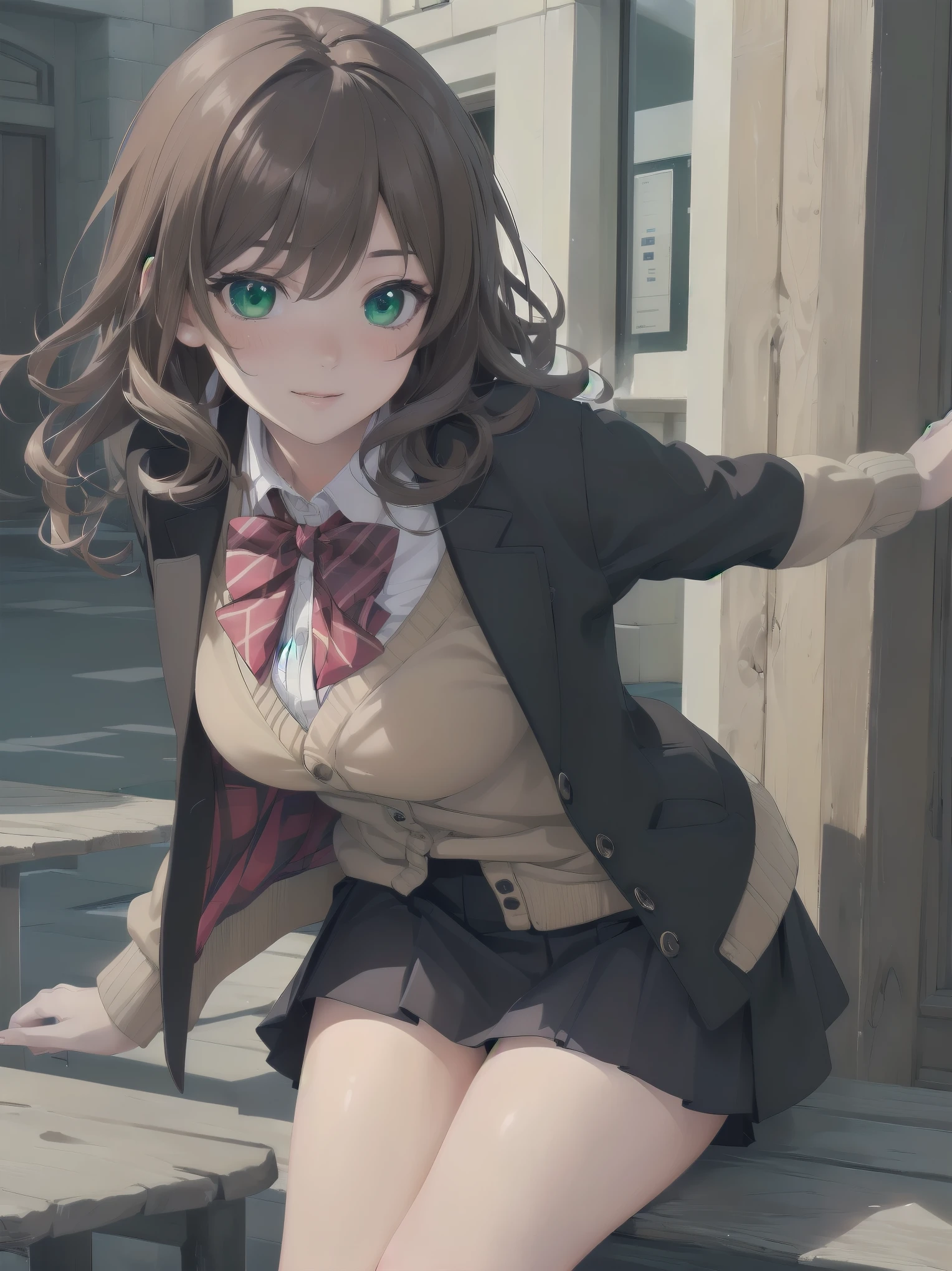 ((Tabletop, highest quality, High resolution, Perfect Pixel, Depth of written boundary, 4K))), One Girl, single, alone, Beautiful Anime Girls, Beautiful art style, Anime characters, ((Long Hair, bangs, Dark brown hair, Curly Hair:0.8)), ((Green Eyes:1.4, Fine grain, Beautiful Eyes, Perfect Eyes,Curled eyelashes, Realistic eyes)), ((Detailed face, Blushing:1.2)), ((Smooth texture:0.75, Realistic texture:0.5, Anime CG Style)), Medium chest, Dynamic Angle, Big Breasts, Perfect body, Dynamic pose, ((Red bow tie, , Black jacket, Open jacket, Brown cardigan, White shirt, Black Skirt, Checked skirt)), smile, Open your mouth, Put your arms behind your back, Leaning forward, Amalment Park