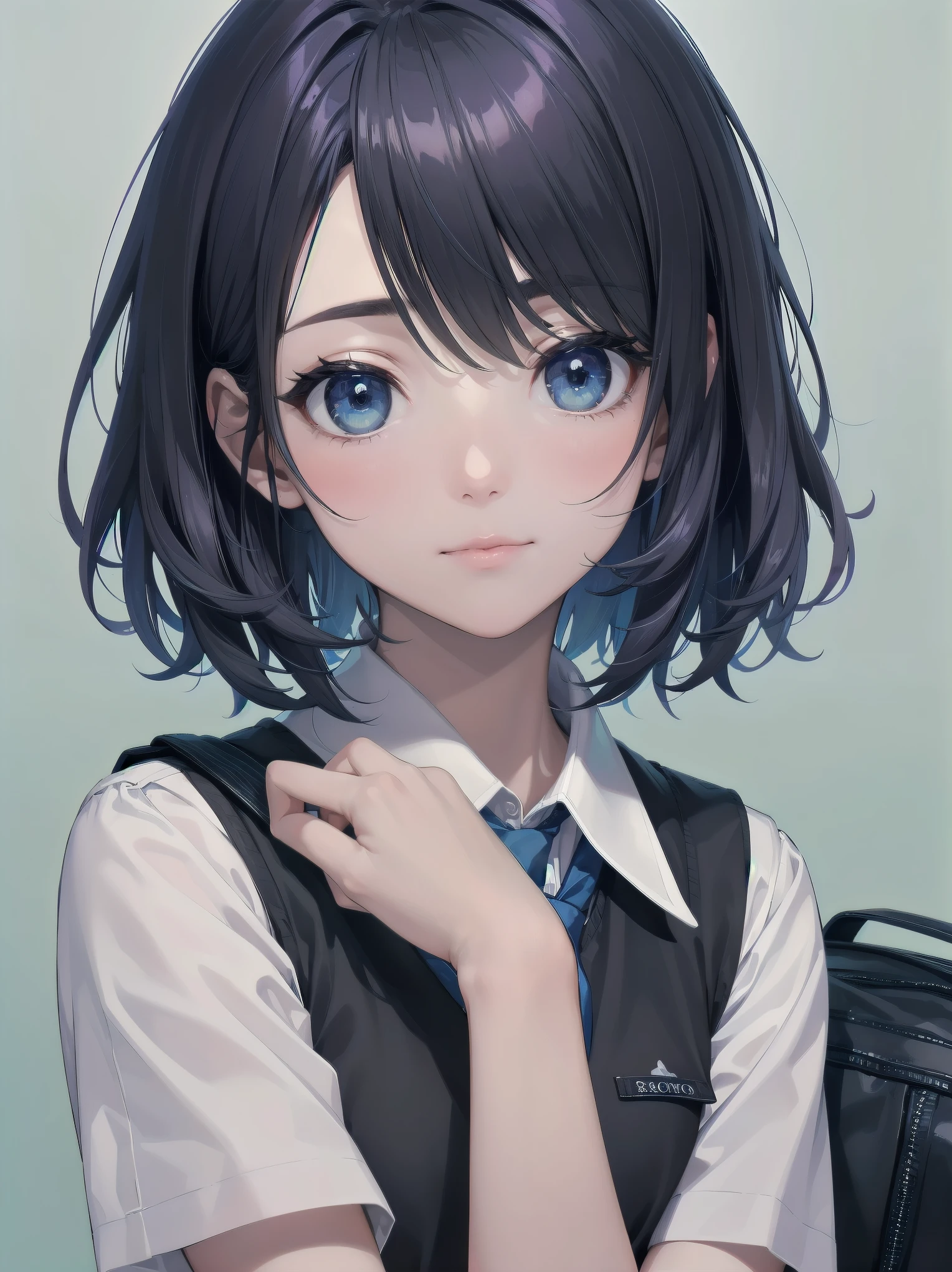 Masterpiece, top quality, super detailed, 16k, One girl, spring, high school, warm colors, school bag, accurate and highly detailed background, flock of schoolgirls in uniforms of various body shapes and hairstyles, cute. Blake. akane kurokawa, 1girl, short hair, blue hair, green eyes, black hair, medium hair, white shirt, collared shirt, , vest, white shirt, sweater vest, black vest, blue necktie, one-length bob, create bangs, add some lightness to the area around the face, and leave the ends of the hair thick throughout. dark blue-purple hair, blue eyes