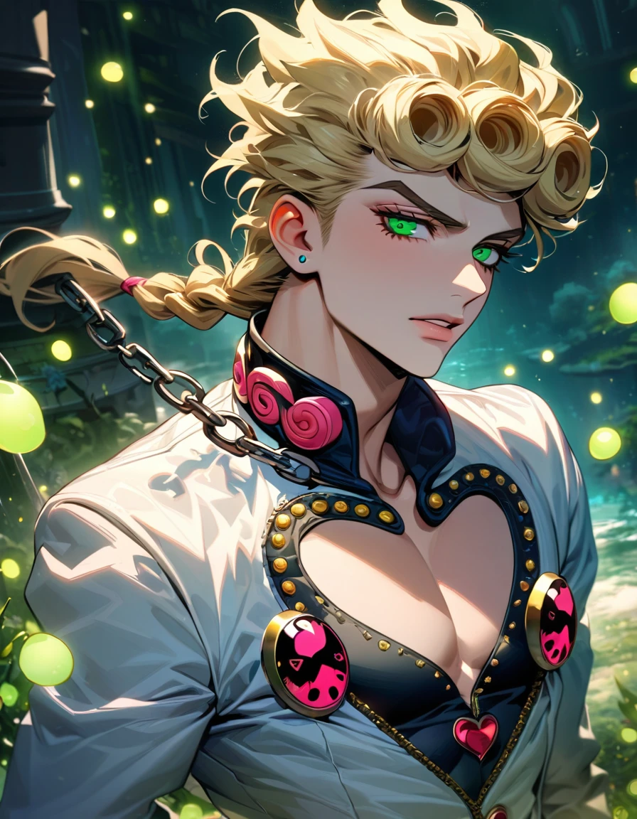 absurdres, highres, ultra detailed, HDR, master piece, best quality, extremely detailed face and eyes, perfect face, Giorno Giovanna, expressive green eyes, blond hair, jojo bizarre adventure, solo, sexy man, handsome, white coat, black tight shirt, clock mechanical moon, fantasy, chains, fireflies, in wonderland