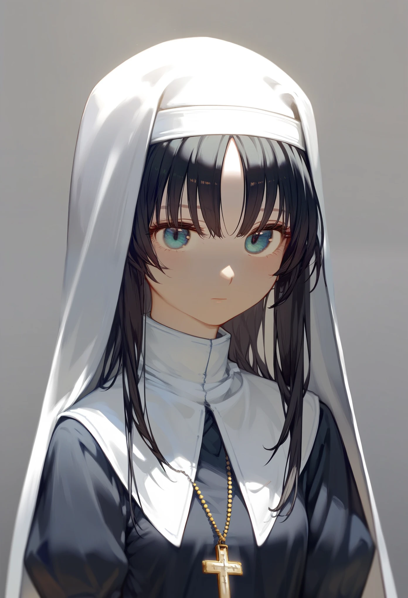 masterpiece, best quality, upper body, score_9, score_8_up, score_7_up, front, 1girl, solo, black hair, long hair, dark blue eyes, innexpressive, pale skin, small breasts, standing, upper body, nun, nun headwear, young girl, gray background, best quality