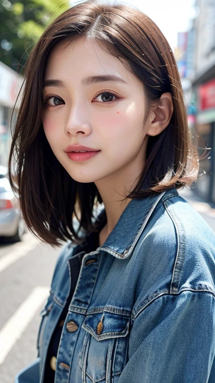 (((Straight shoulder-length brown mini bob hair)))、(((目が細くLight eye makeup)))、(((standing alone on the rider'Jacket and denim against the backdrop of the alleys of Kabukicho at night.)))、(((Please come wearing clothes that cover your arms...)))、Half Japanese and half Korean、18-year-old girl、independent、I'm looking forward to、Light eye makeup、Brown Hair Color、flat 、Hair blowing in the wind、Quality of actress、Shiny, Ultra-realistic faces、smileの表情、Watery eye、look up、Pleasant lighting effects、 Ultra-Realistic Capture、Very detailed、High resolution 16k human skin closeup。Skin texture must be natural、Must be so detailed that pores are visible、skin is healthy、There must be a unified tone、Use natural light and color、High quality photos taken by modeling agencies'Exclusive photographer、smile
