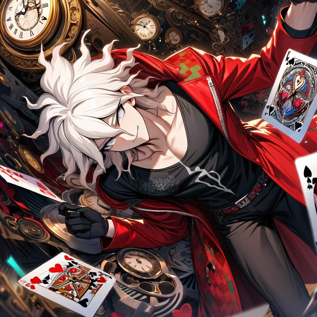 Ultra detailed, highres, absurdres, HDR, Komaeda Nagito, white hair, silver eyes, Danganronpa, red long coat, black tight shirt with patterns, clock, gear, in wonderland, heart cards, sexy man, solo, handsome, very detailed face and eyes, black gloves, toned chest, smirking