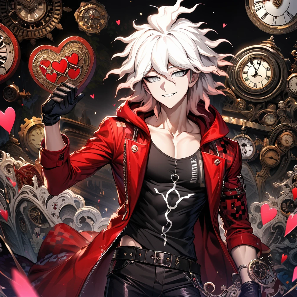 Ultra detailed, highres, absurdres, HDR, Komaeda Nagito, white hair, silver eyes, Danganronpa, red long coat, black tight shirt with patterns, clock, gear, in wonderland, heart cards, sexy man, solo, handsome, very detailed face and eyes, black gloves, toned chest, smirking