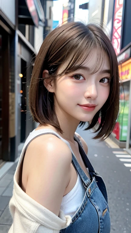 (((Straight shoulder-length brown mini bob hair)))、(((目が細くLight eye makeup)))、(((standing alone on the rider'Jacket and denim against the backdrop of the alleys of Kabukicho at night.)))、(((Please come wearing clothes that cover your arms...)))、Half Japanese and half Korean、18-year-old girl、independent、I'm looking forward to、Light eye makeup、Brown Hair Color、flat 、Hair blowing in the wind、Quality of actress、Shiny, Ultra-realistic faces、smileの表情、Watery eye、look up、Pleasant lighting effects、 Ultra-Realistic Capture、Very detailed、High resolution 16k human skin closeup。Skin texture must be natural、Must be so detailed that pores are visible、skin is healthy、There must be a unified tone、Use natural light and color、High quality photos taken by modeling agencies'Exclusive photographer、smile