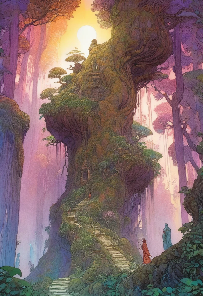 (best quality,4k,8k,highres,masterpiece:1.2),ultra-detailed,(realistic,photorealistic,photo-realistic:1.37),giant sentinel, made of marble and vines, alchemy, hermeticism,ancient,weathered stone,meticulously carved,tangled vines,dark forest,small magical creatures,kodama, small forest spirits,(A spiritual forest guardian, with openn palms, holding a bunch of little kodamas, the little forest spirits),(some kodama stand dancing on the palms of the guardian, other are climbing the guardian shoulder),dappled sunlight,shadows and light,subtle gradients,rich earthy colors,concept art inspired by Jean Giraud Moebius,ethereal glow,elaborate inscriptions,symbols of mystery and alchemy,mystical fog,solemn expression,eyes glowing with purple light,steampunk accents,gear-shaped designs,magic emanating from its core,protective guardian,imposing stature,ominous aura,secrets of the universe,harnessing the power of nature,ancient wisdom emerging from nature's embrace,transcendence of life and death,magical aura radiating from within., Yoshitaka Amano style