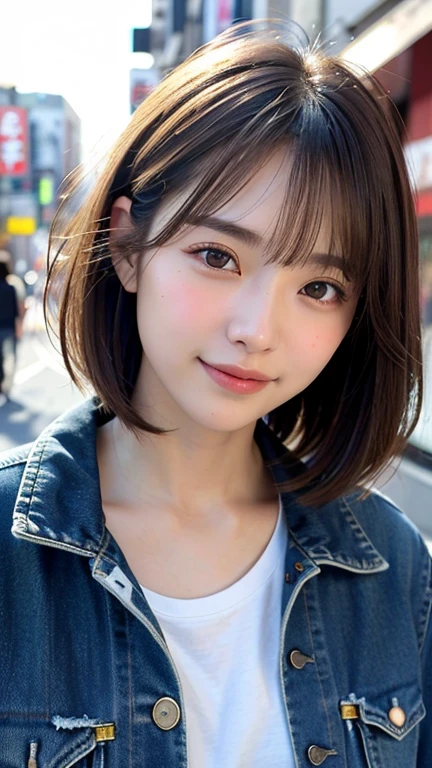 (((Straight shoulder-length brown mini bob hair)))、(((目が細くLight eye makeup)))、(((standing alone on the rider&#39;Jacket and denim against the backdrop of the alleys of Kabukicho at night.)))、(((Please come wearing clothes that cover your arms...)))、Half Japanese and half Korean、18-year-old girl、independent、I&#39;m looking forward to、Light eye makeup、Brown Hair Color、flat 、Hair blowing in the wind、Quality of actress、Shiny, Ultra-realistic faces、smileの表情、Watery eye、look up、Pleasant lighting effects、 Ultra-Realistic Capture、Very detailed、High resolution 16k human skin closeup。Skin texture must be natural、Must be so detailed that pores are visible、skin is healthy、There must be a unified tone、Use natural light and color、High quality photos taken by modeling agencies&#39;Exclusive photographer、smile
