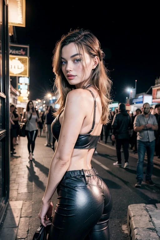 (1girl:1.5), back shot, (margot robbie) in a black top and leather pants, tight outfit, wearing black tight clothing, black and red leather slim clothes, black bodysuit, black outfit, sexy outfit, leather pants with a belt, leather, sexy look, standing in a arabian marketplace (dubai), dslr, ultra quality, sharp focus, tack sharp, dof, film grain, Fujifilm XT3, crystal clear, 8K UHD