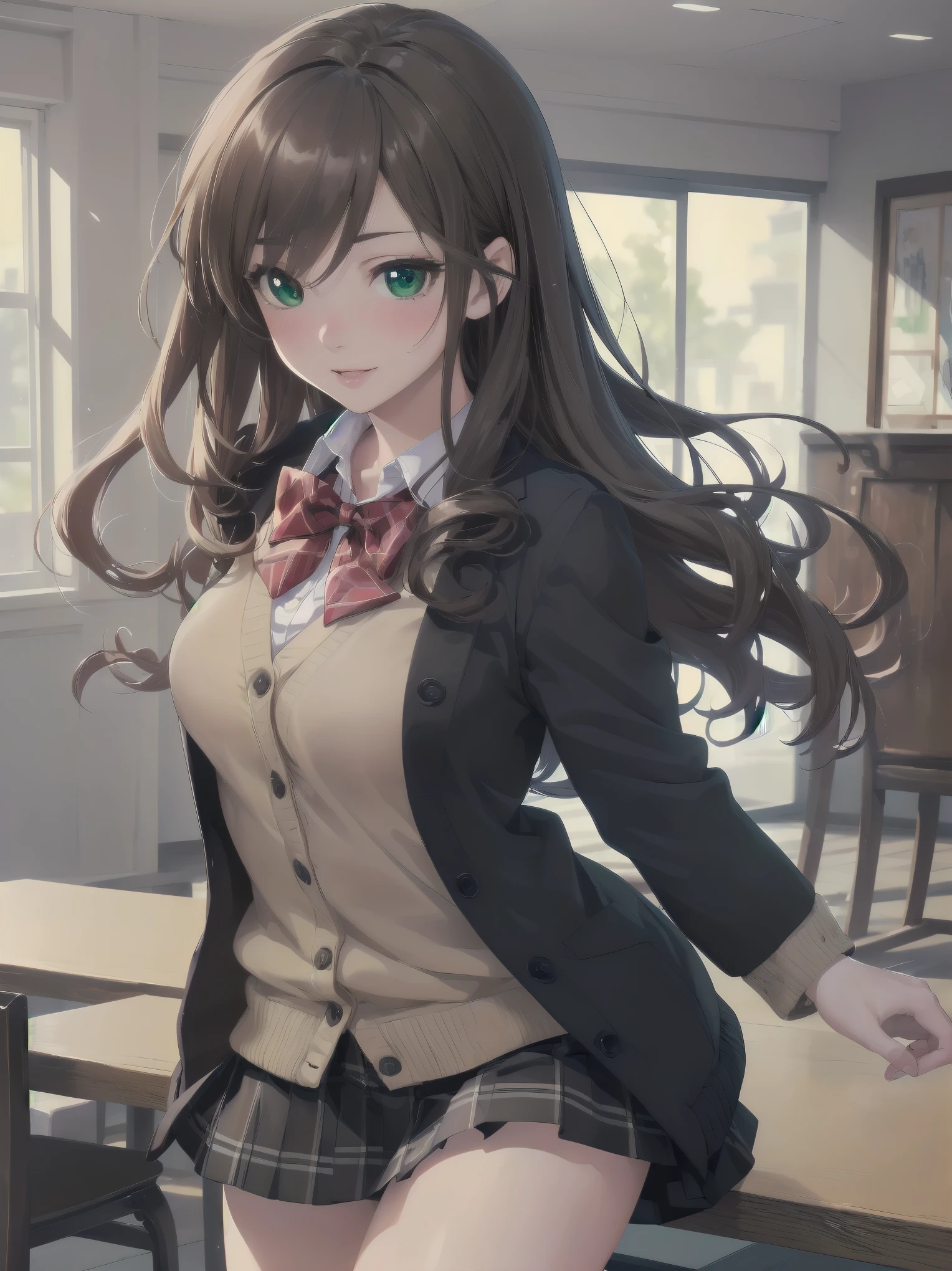 ((Tabletop, highest quality, High resolution, Perfect Pixel, Depth of written boundary, 4K))), One Girl, single, alone, Beautiful Anime Girls, Beautiful art style, Anime characters, ((Long Hair, bangs, Dark brown hair, Curly Hair:0.8)), ((Green Eyes:1.4, Fine grain, Beautiful Eyes, Perfect Eyes,Curled eyelashes, Realistic eyes)), ((Detailed face, Blushing:1.2)), ((Smooth texture:0.75, Realistic texture:0.5, Anime CG Style)), Medium chest, Dynamic Angle, Big Breasts, Perfect body, Dynamic pose, ((Red bow tie, , Black jacket, Open jacket, Brown cardigan, White shirt, Black Skirt, Checked skirt)), smile, Open your mouth, Put your arms behind your back, Leaning forward, Amalment Park