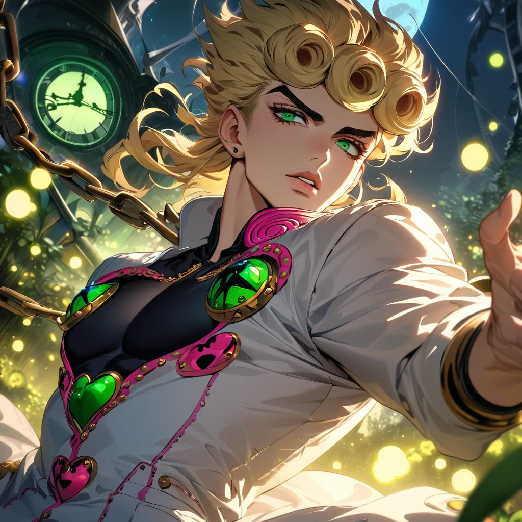 absurdres, highres, ultra detailed, HDR, master piece, best quality, extremely detailed face and eyes, perfect face, Giorno Giovanna, expressive green eyes, blond hair, jojo bizarre adventure, solo, sexy man, handsome, white coat, black tight shirt, clock mechanical moon, fantasy, chains, fireflies, in wonderland