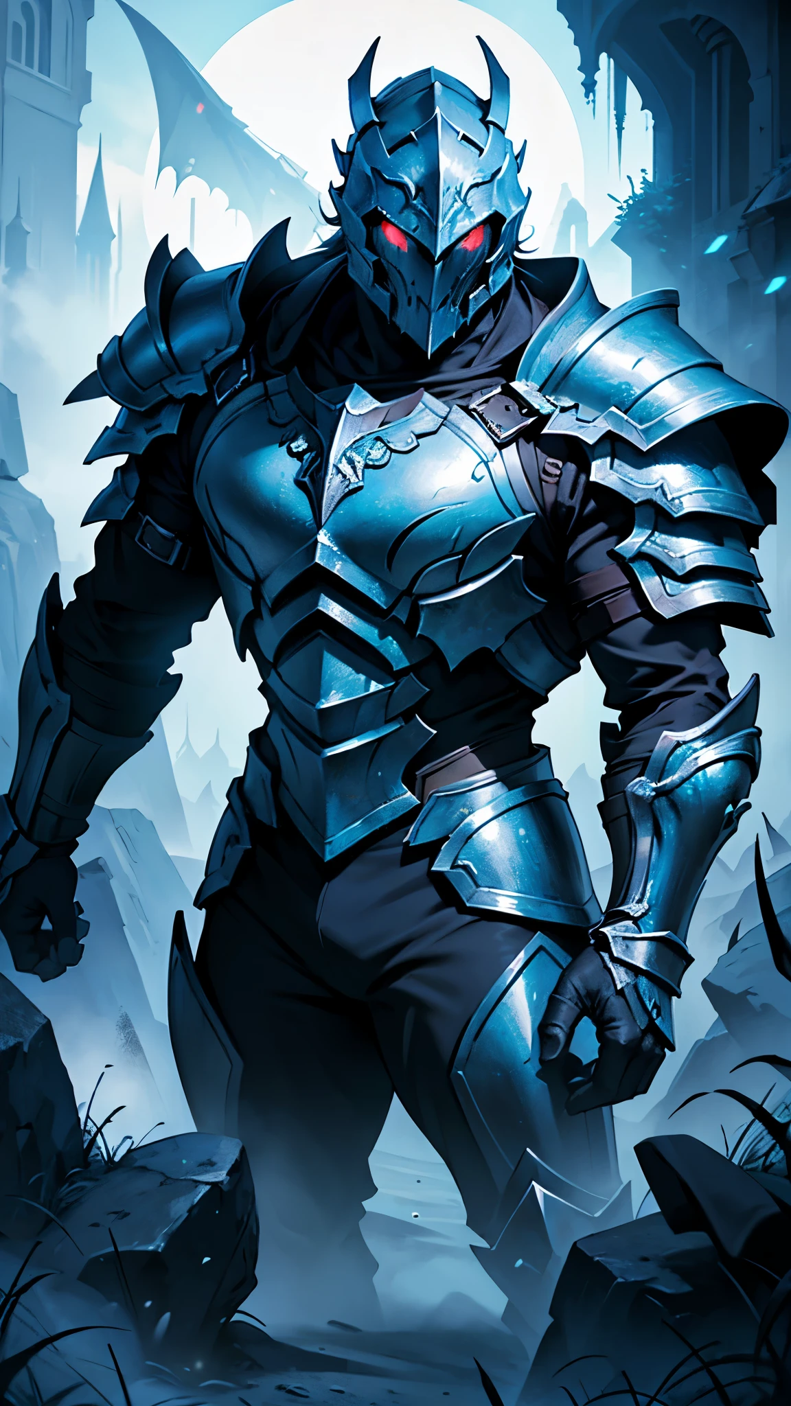 Masterpiece, highest quality, ultra detailed, realistic, male, death knight, intimidating armor, helmet, greathammer, glowing eyes, blue energy, cinematic lighting, battleground, fantasy