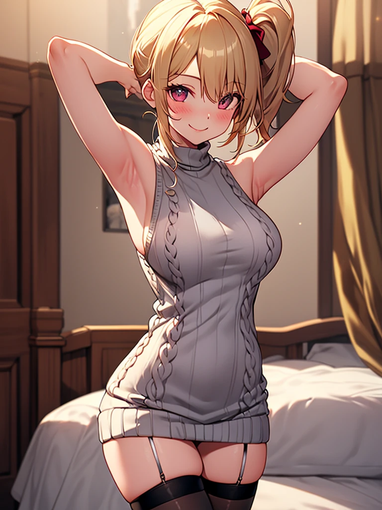 (highest quality, High resolution, perfect pixel, Depth of bounds written, 4K), bed, from side, (cowboy shot), (armpit focus), detailed eyes, (1 lady), tall, slim, perfect body, large breasts, (side boob), blond hair, (side ponytail:1.2), (burgundy virgin killer sweater dress:1.2), (sleeveless), bare back, (standing), (leaning forward), (arm behind head:1.2), seductive smile, blush, (knee-length stockings:1.3),
