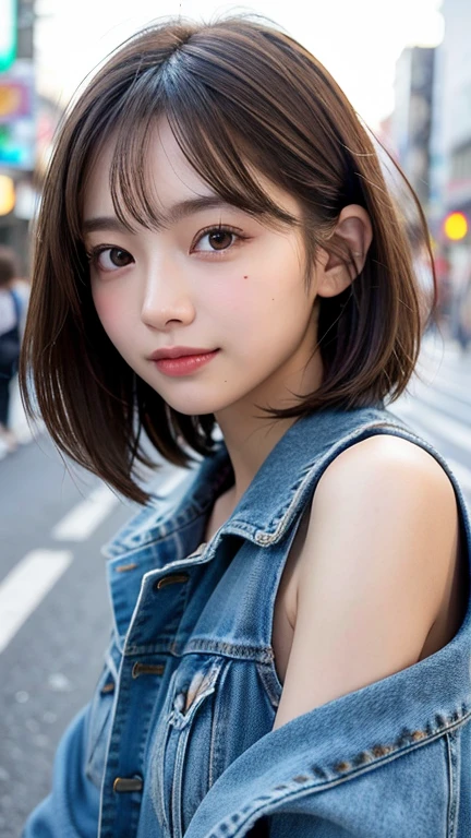 (((Straight shoulder-length brown mini bob hair)))、(((目が細くLight eye makeup)))、(((standing alone on the rider&#39;Jacket and denim against the backdrop of the alleys of Kabukicho at night.)))、(((Please come wearing clothes that cover your arms..)))、Half Japanese and half Korean、18-year-old girl、independent、look forward to、Light eye makeup、Brown Hair Color、flat 、Hair blowing in the wind、Quality of actress、Shiny, Ultra-realistic faces、smileの表情、Watery eye、look up、Pleasant lighting effects、 Ultra-Realistic Capture、Very detailed、High resolution 16k human skin closeup。Skin texture must be natural、Must be so detailed that pores are visible、skin is healthy、There must be a unified tone、Use natural light and color、High quality photos taken by modeling agencies&#39;Exclusive photographer、smile
