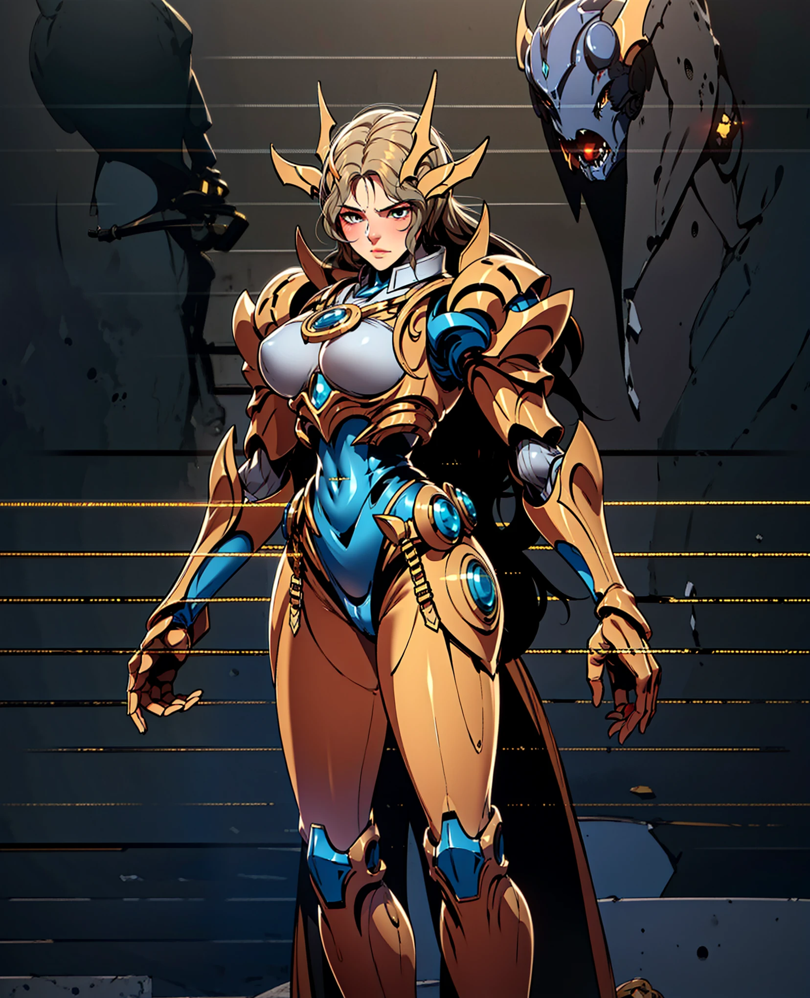 Cartoon, A woman adorned in fantasy-style full-body armor, a crown-concept fully enclosed helmet that unveils only her eyes, a composite layered chest plate, fully encompassing shoulder and hand guards, a lightweight waist armor, form-fitting shin guards, the overall design is heavy-duty yet flexible, the armor gleams with a golden glow, complemented by red and blue accents, exhibiting a noble aura, she floats above a fantasy-surreal high-tech city, this character embodies a finely crafted fantasy-surreal style armored hero in anime style, exquisite and mature manga art style, Queen Bee Concept Armor, ((goddess, femminine)), long legs, metallic, elegant, high definition, best quality, highres, ultra-detailed, ultra-fine painting, extremely delicate, professional, anatomically correct, symmetrical face, extremely detailed eyes and face, high quality eyes, creativity, RAW photo, UHD, 32k, Natural light, cinematic lighting, masterpiece-anatomy-perfect, masterpiece:1.5