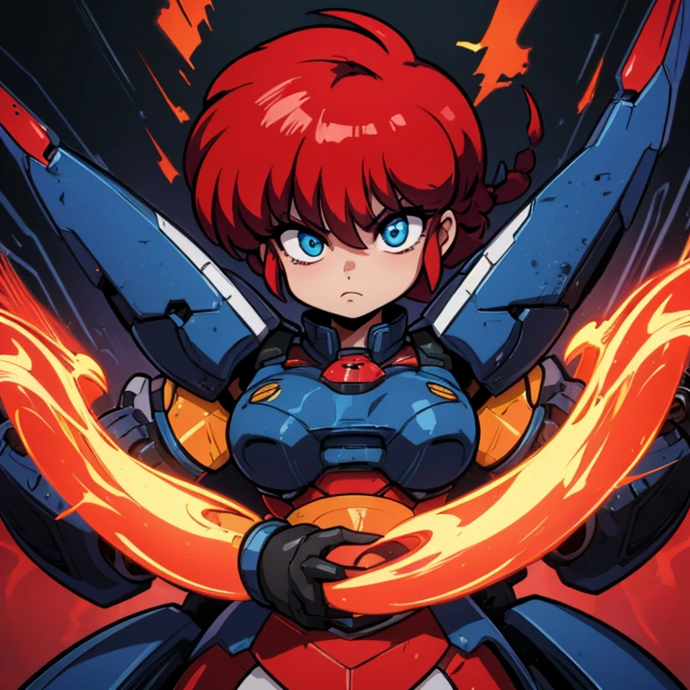 Ranmachan, cabello rojo, Cabello con trenza, ojos azules, ojos detallados, A-Mecha Musume, mechanical suite, pose de pelea, batalla, plasma cannons, impulsor de energia