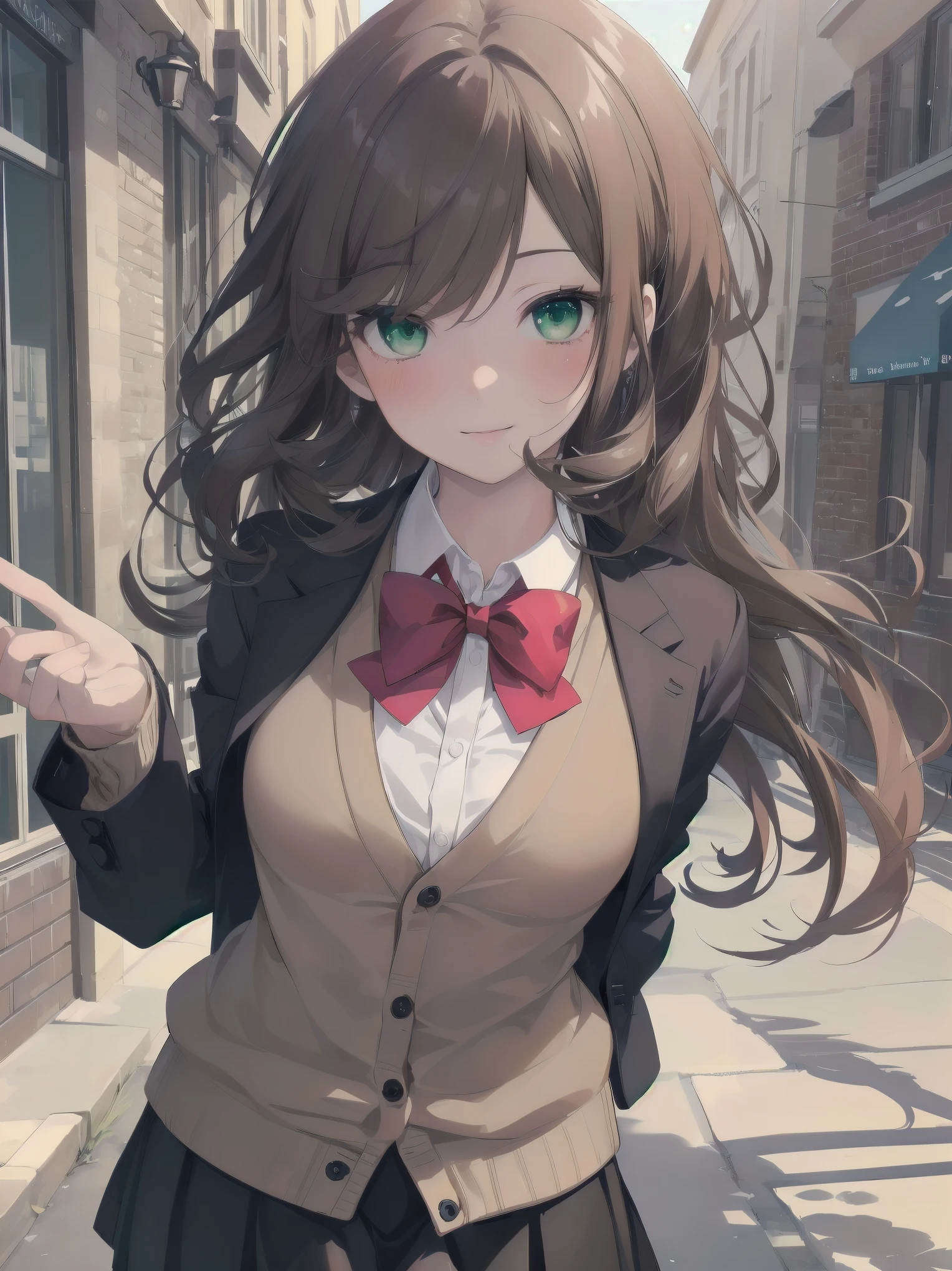 ((Tabletop, highest quality, High resolution, Perfect Pixel, Depth of written boundary, 4K))), One Girl, single, alone, Beautiful Anime Girls, Beautiful art style, Anime characters, ((Long Hair, bangs, Dark brown hair, Curly Hair:0.8)), ((Green Eyes:1.4, Fine grain, Beautiful Eyes, Perfect Eyes,Curled eyelashes, Realistic eyes)), ((Detailed face, Blushing:1.2)), ((Smooth texture:0.75, Realistic texture:0.5, Anime CG Style)), Medium chest, Dynamic Angle, Big Breasts, Perfect body, Dynamic pose, ((Red bow tie, , Black jacket, Open jacket, Brown cardigan, White shirt, Black Skirt, Checked skirt)), smile, Open your mouth, Put your arms behind your back, Leaning forward, Amalment Park