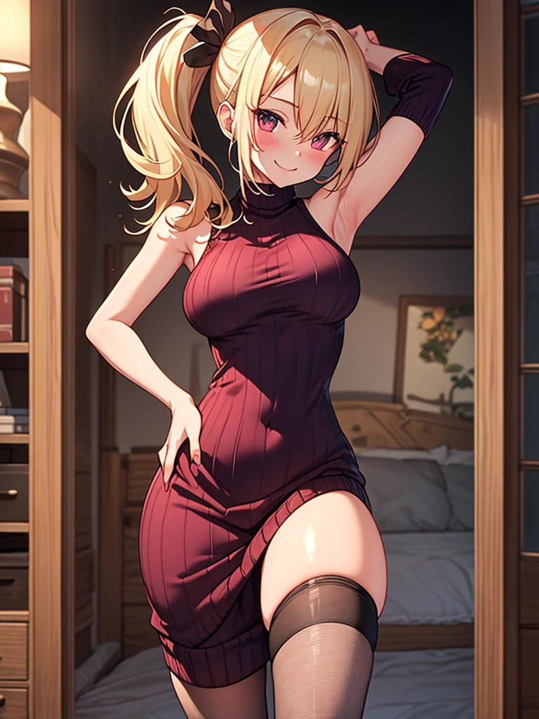 (highest quality, High resolution, perfect pixel, Depth of bounds written, 4K), bed, from side, (cowboy shot), (armpit focus), detailed eyes, (1 lady), tall, (slim), perfect body, large breasts, (side boob), blond hair, (side ponytail:1.2), (burgundy virgin killer sweater dress:1.2), (sleeveless), bare back, (standing), (leaning forward), (arm behind head:1.2), seductive smile, blush, (knee-length stockings:1.3), 