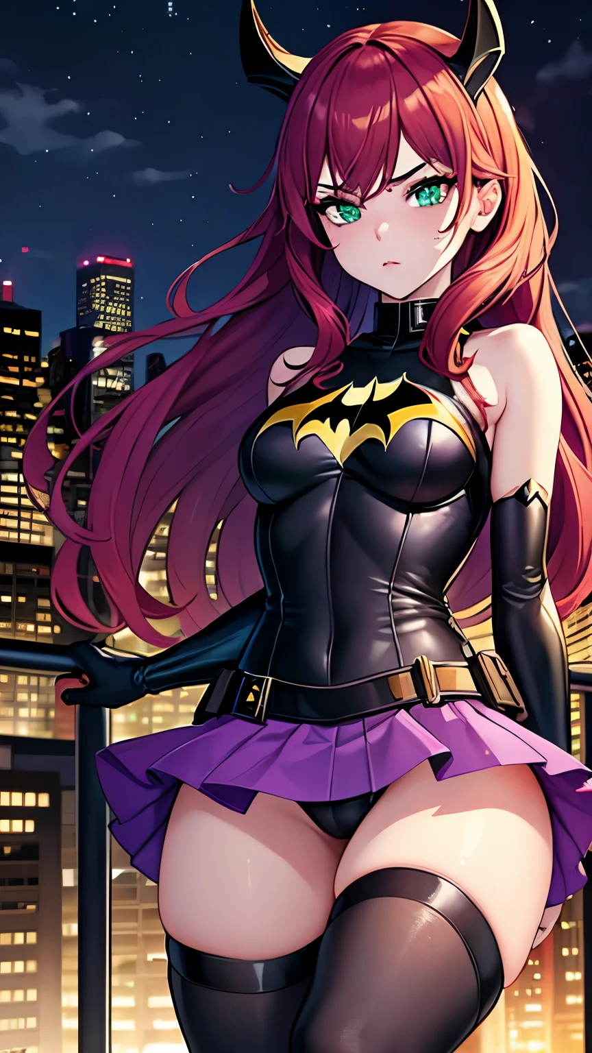 Masterpiece, , Batgirl masky, red hair frinje, green eyes , disgusted, Batgirl top purple , purple mini-skirt, capa yelow, black knee-length boots. Night City
