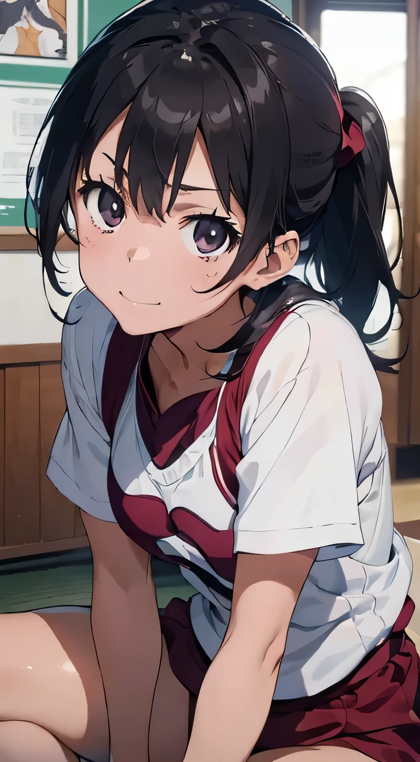 [anime styled]],[[digitalart]],1girl,solo,(portrait),Tomomi_saikyou,black hair,Short hair,bob cut,hair ribbon,midium build,1girl in,short torso,anime screen cap,cel shading,smile, blush,(strong light),((brighten the subject)),classroom,(chair),(sitting),white shirt,,short sleeves,summer uniform,((upskirt)),((skirt lift)),(tucking up the skirt),(white panties)