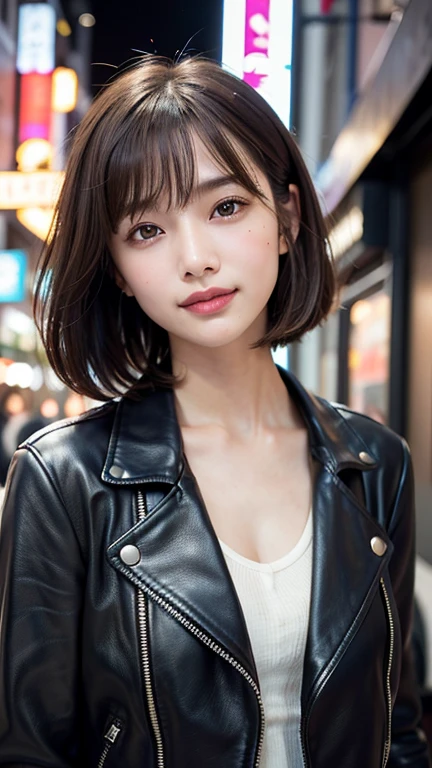 (((Straight shoulder-length brown mini bob)))、(((目が細くLight eye makeup)))、(((standing alone on the rider&#39;Black leather jacket with the backdrop of a nighttime Kabukicho alley.)))、(((Please come wearing clothes that cover your arms...)))、Half Japanese and half Korean、18-year-old girl、independent、Look forward、Light eye makeup、Brown Hair Color、flat 、Hair blowing in the wind、Quality of actress、Shiny, Ultra-realistic faces、smileの表情、Watery eyes、look up、Soothing lighting effects、 Ultra-Realistic Capture、Very detailed、High resolution 16k human skin closeup。Skin texture must be natural、Must be so detailed that pores are visible、skin is healthy、Must be of uniform tone、Use natural light and color、High quality photos taken by modeling agencies&#39;Exclusive photographer、smile、(((Sigma 300mm F/2.8,1/1000 sec shutter,ISO400)))
