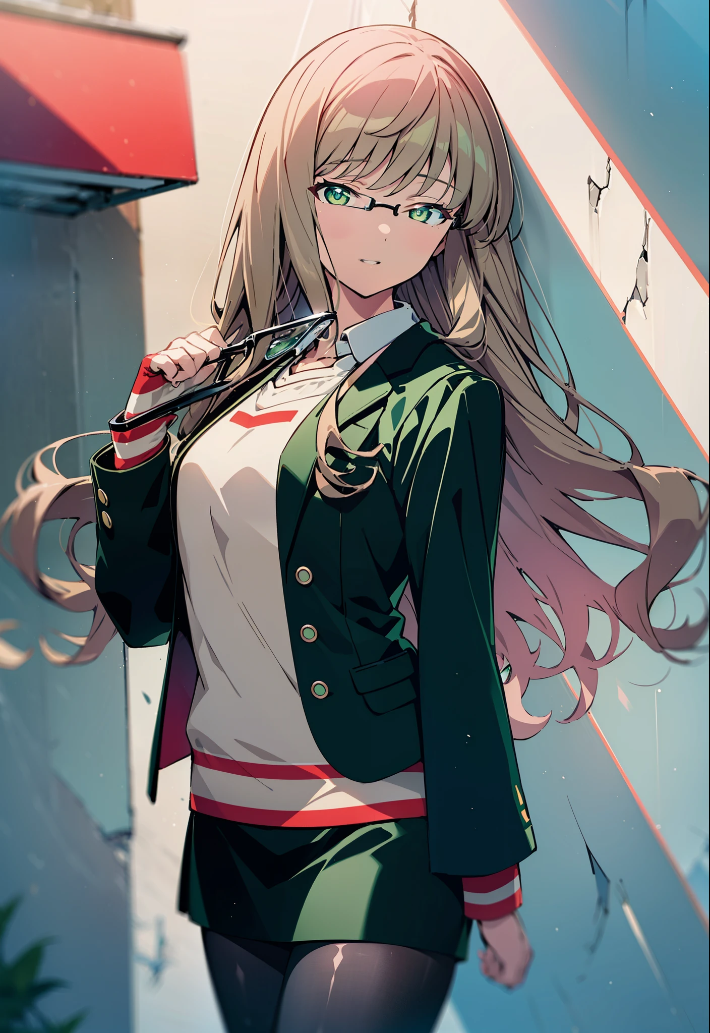 Minami Yume ,sss dynazenon ,Long Hair, Brown Hair, (Green Eyes:1.5) ,Medium chest,hair band,happy smile, smile, Open your mouth,OL, Black-rimmed glasses, end, black suit jacket, Collared jacket, White dress shirt, Collared shirt, Neckline, button,  Black pencil skirt, Black pantyhose,Stiletto heels,morning,morning陽,The sun is rising,So that the whole body goes into the illustration,
break looking at viewer, (Cowboy Shot:1. 5)
break outdoors, In town,Building district,
break (masterpiece:1.2), highest quality, High resolution, unity 8k wallpaper, (figure:0.8), (Detailed and beautiful eyes:1.6), Highly detailed face, Perfect lighting, Extremely detailed CG, (Perfect hands, Perfect Anatomy),