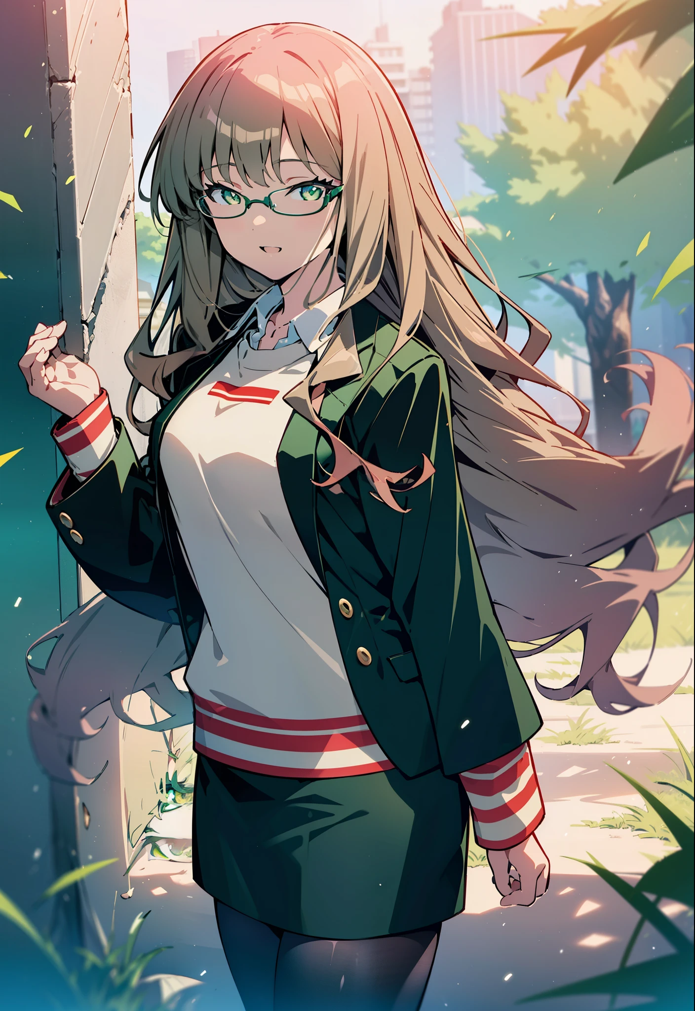 Minami Yume ,sss dynazenon ,Long Hair, Brown Hair, (Green Eyes:1.5) ,Medium chest,hair band,happy smile, smile, Open your mouth,OL, Black-rimmed glasses, end, black suit jacket, Collared jacket, White dress shirt, Collared shirt, Neckline, button,  Black pencil skirt, Black pantyhose,Stiletto heels,morning,morning陽,The sun is rising,So that the whole body goes into the illustration,
break looking at viewer, (Cowboy Shot:1. 5)
break outdoors, In town,Building district,
break (masterpiece:1.2), highest quality, High resolution, unity 8k wallpaper, (figure:0.8), (Detailed and beautiful eyes:1.6), Highly detailed face, Perfect lighting, Extremely detailed CG, (Perfect hands, Perfect Anatomy),