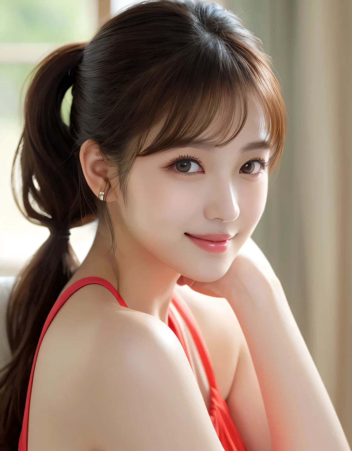 (Highest quality: 1.5), (Realistic: 1.5), (1 person: 1.5), Very detailed, fine, high resolution, 8k wallpaper, perfect dynamic composition, small breasts, natural colored lips, cute smile, Japan A woman, 20 years old girl, beautiful and exquisite face, perfect and beautiful face, beautiful and fine, big eyes, brunette eyes, beautiful and exquisite face, perfect and beautiful double eyelids, natural bangs, beautiful thin nose, Beautiful skin, chestnut brown hair, short ponytail hair, medium ponytail, natural bangs, perfect and beautiful face, natural pose, slim face and figure, (looking at camera), bright lighting, professional lighting, front lighting , natural smile, bedroom,Halter Shoulder, Sitting with Knees Up, wariza,