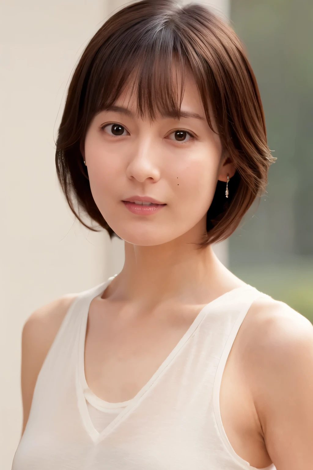 Japanese, short stature woman, physique, short arm, long slit eyes, fleeting atmosphere, 30 year old, brown bob hair, ((thin lips)), white top and bottom underwear, musterpiece, best quality, detailed skin, detailed face, detailed eyes, 8K, good anatomy, upper body portrait