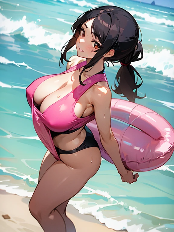 1 woman,black hair,brown eye,long low ponytail hair,swept bangs,gigantic breasts,smile,parted lips,pink plunging swimwear,standing,from behind,open legs,sweat,beach side,