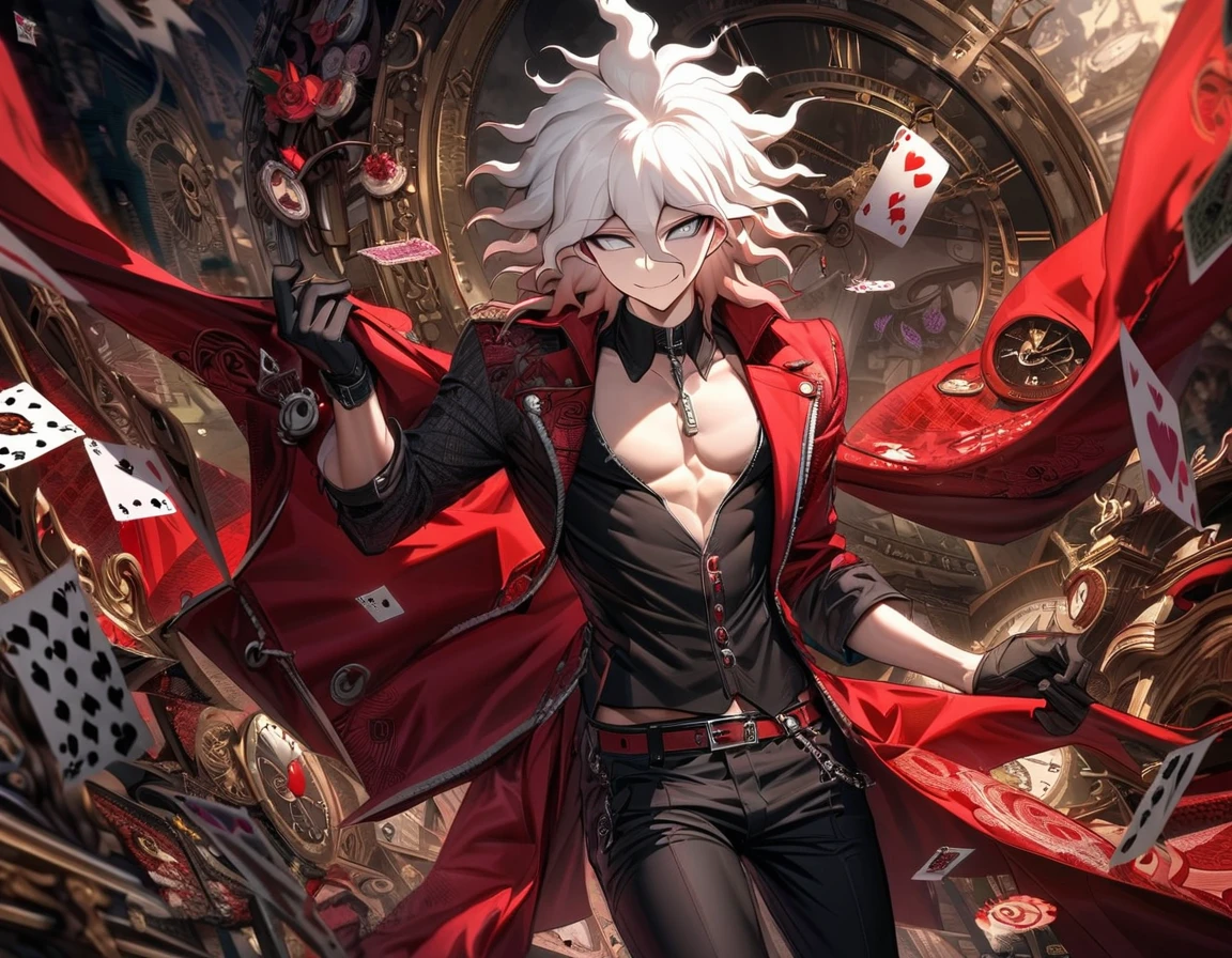 Ultra detailed, highres, absurdres, HDR, Komaeda Nagito, white hair, silver eyes, Danganronpa, red long coat, black tight shirt with patterns, clock, gear, in wonderland, heart cards, sexy man, solo, handsome, very detailed face and eyes, black gloves, black pants, toned chest, smirking