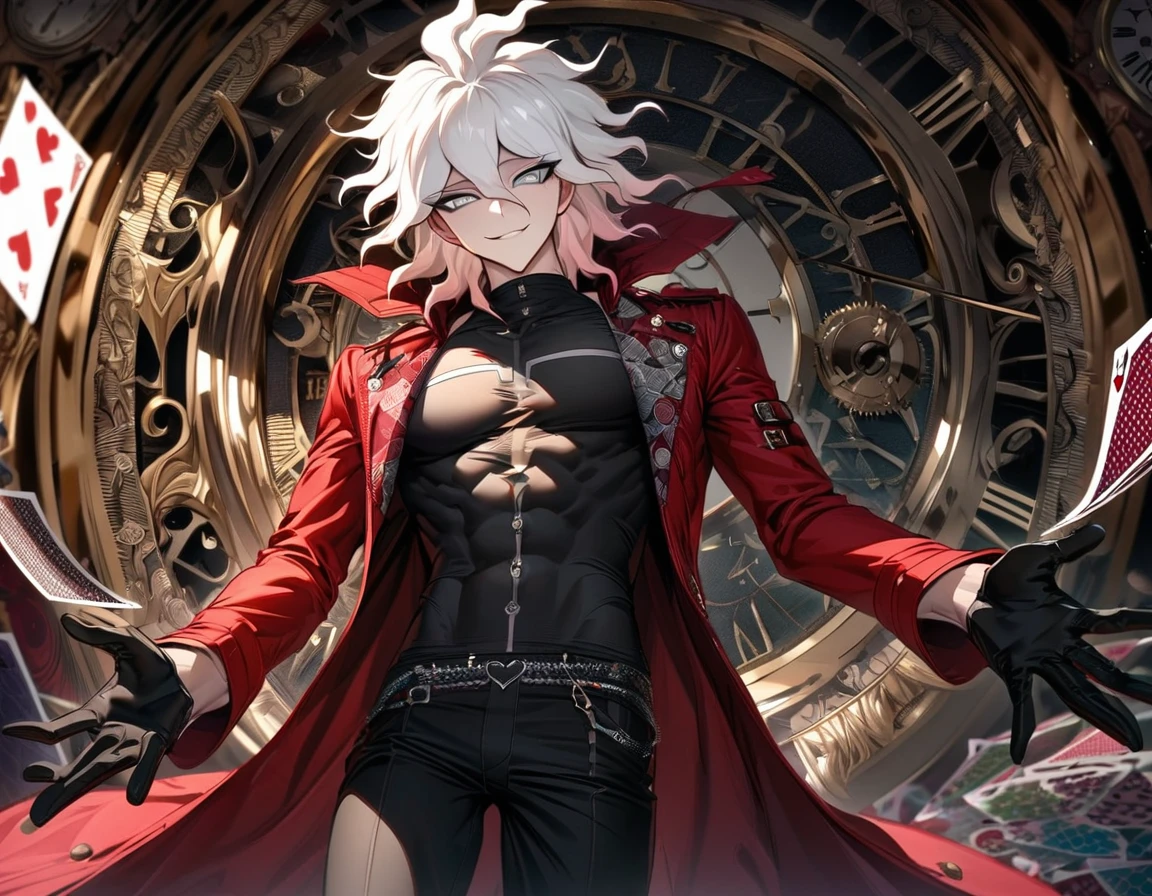 Ultra detailed, highres, absurdres, HDR, Gojo Satoru, white hair with bangs, expressive blue eyes, white eyelashes, Jujutsu Kaisen, red long coat, black tight shirt with patterns, clock, gear, in wonderland, heart cards, sexy man, solo, handsome, very detailed face and eyes, toned chest, black pants, black gloves,