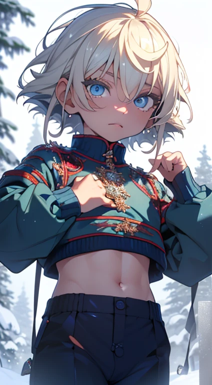 (1child:1.3,1boy:1.5),8-year-old,teenager,femboy,?????? boy,Female physiognomy,little boy,(((little boy,boy,???,??? only,,1boy,(male gender:1)))),blonde hair,short detailed hair,(((blue_eyes:1.3))),intricate eyes,beautiful detailed eyes,symmetrical eyes,big eyes:1.5,child's chest,((??? body,a little chubby,good anatomy,accurate body proportions,detailed shota body for young boy,perfect ???????)),flat chest,((fat)),(((lustrous skin:1.5,bright skin: 1.5,skin tanned,shiny skin,very shiny skin,shiny body,plastic glitter skin,exaggerated shiny skin,illuminated skin,wet legs))),(detailed body),
(nsfw),
(tiny bulge on pants),Sweatshirt,sweater,(navel) (snowflake necklace), winter clothes,(((intricate outfit,intricate clothes,embroidered outfit,ornate outfit,embroidered clothes,ornate clothes))),
(dynamic pose:1.0),serious and thoughtful,man embarrassed,(centered,scale to fit dimensions,Rule of thirds),
((snowy pine forest at night)), with dark stormy clouds,winter,scenery:1.25,((snow forest background)),Christmas tree,
highres,sharp focus,(ultra detailed,extremely detailed),(photorealistic artwork:1.37),(extremely detailed CG unity 8k wallpaper),(((vibrant colors,vibrant theme))),(intricate),(masterpiece),(best quality),