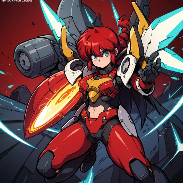 Ranmachan, cabello rojo, Cabello con trenza, ojos azules, ojos detallados, cuerpo completo, A-Mecha Musume, mechanical suite, pose de pelea, batalla, plasma cannons, impulsor de energia