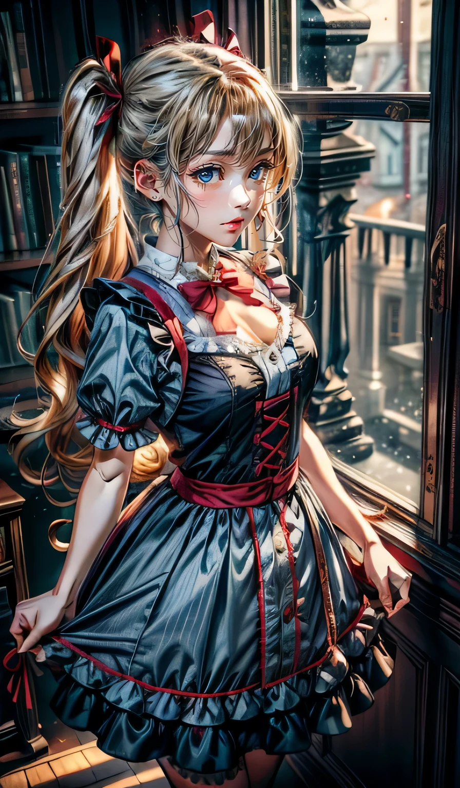 Masterpiece, beautiful details, perfect focus, uniform 8K wallpaper, high resolution, exquisite texture in every detail, 1 girl, solo, long hair, medium chest, cleavage, looking at viewer, blushing, open mouth, bangs, blue eyes, blonde, dress, bow, ribbon, twintails, standing, hair ribbon, short sleeves, Thighs, frills, fluffy sleeves, indoors, clothes lift, red ribbon, collar, fluffy short sleeves, window, black ribbon, blue dress, frilly dress, curtains, bloomers, skirt hold