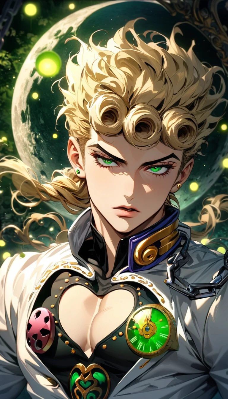 absurdres, highres, ultra detailed, HDR, master piece, best quality, extremely detailed face and eyes, perfect face, Giorno Giovanna, expressive green eyes, blond hair, jojo bizarre adventure, solo, sexy man, handsome, white coat, black tight shirt, clock mechanical moon, fantasy, chains, fireflies, in wonderland