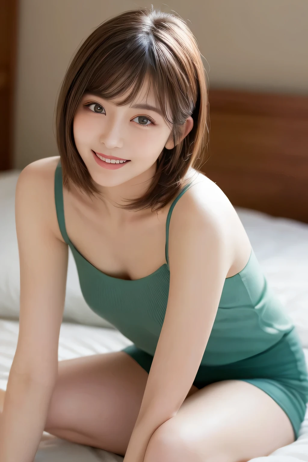 (Highest quality: 1.5), (Realistic: 1.5), (1 person: 1.5), Very detailed, fine, high resolution, 8k wallpaper, perfect dynamic composition, small breasts, natural colored lips, cute smile, Japan A woman, 20 years old girl, beautiful and exquisite face, perfect and beautiful face, beautiful and fine, big eyes, brunette eyes, beautiful and exquisite face, perfect and beautiful double eyelids, natural bangs, beautiful thin nose, Beautiful skin, chestnut brown hair, short ponytail hair, medium ponytail, natural bangs, perfect and beautiful face, natural pose, slim face and figure, (looking at camera), bright lighting, professional lighting, front lighting , natural smile, bedroom, tank top, Sitting with Knees Up, wariza,