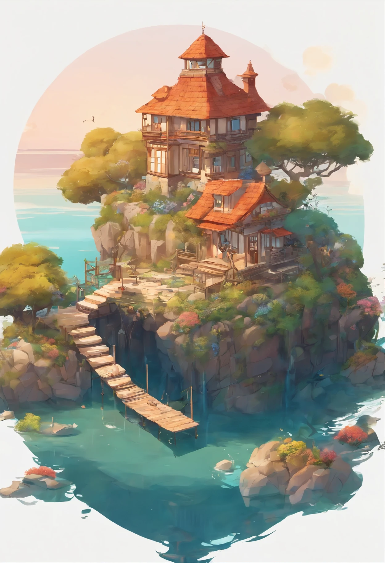 (a small house in the middle of the ocean, super detailed, leaves on the roof of the house, house in on an island, cute small place, very homely vibe), super detailed, leaves on the roof of the house, Hayao Miyazaki style, Studio Ghibli, breathtaking landscapes, tranquil setting, serene atmosphere, vibrant nature, whimsical details, sparkling water, reflective surface, peacefulness, dreamlike, surreal elements, soft color palette, ethereal lighting, intricate artwork, soothing tones, gentle waves, distant horizon, floating sensation, mysterious creatures, magical ambiance, detailed craftsmanship, imaginative storytelling, fantastical world, floating islands, peaceful seclusion, secret hideaway, enchanting beauty. (best quality, 4k, highres, masterpiece:1.2), ultra-detailed, realistic, vivid colors, bokeh.