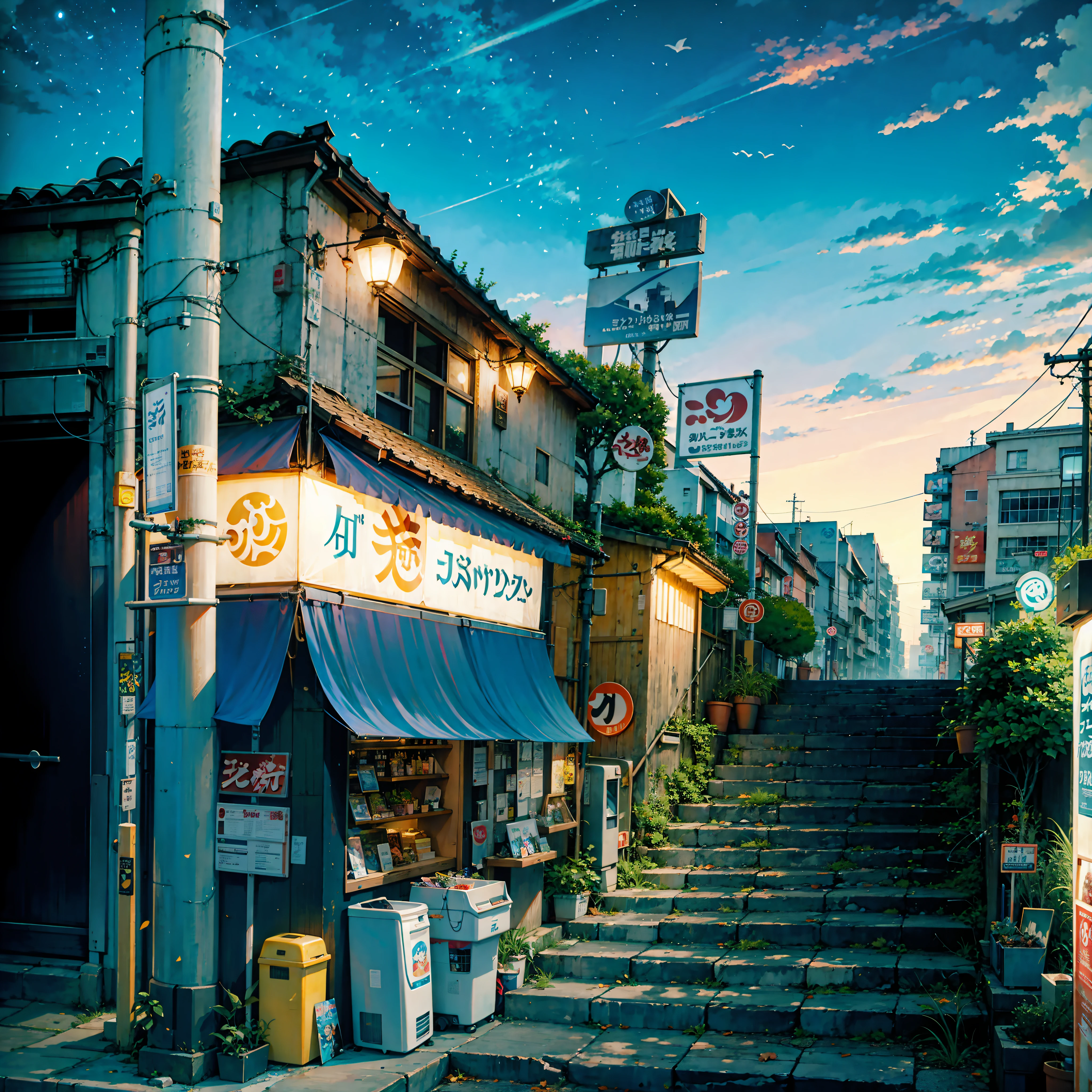 anime city street scene with a stairway leading to a restaurant, anime background art, by Yuumei, anime style cityscape, colorful anime movie background, beautiful anime scenery, beautiful anime scene, anime scenery, anime art wallpaper 8 k, tokyo anime scene, anime art wallpaper 4k, anime art wallpaper 4 k, anime scenery concept art, hd anime cityscape, anime background