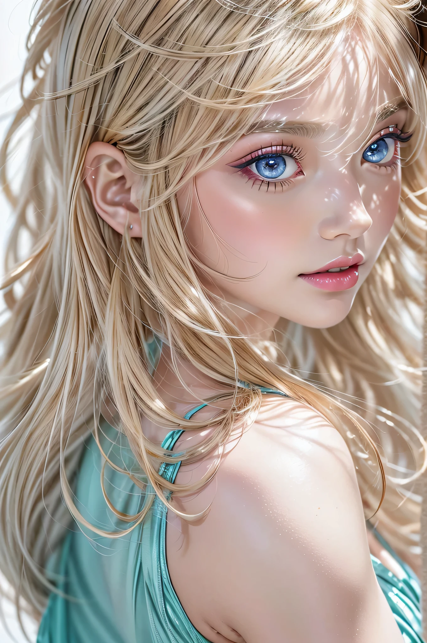 (Intricately detailed photo),(Ultra-realistic最high quality),(photorealistic),(sharp focus),(highest resolution),(the most absurd quality),(masterpiece), Official art、upperbody shot、actionpose, Increase quality, best quality real texture skin,(perfect proportions),(anatomically correct),(perfect female body),((slim-muscled body)), ((blonde medium hair)), (Super beautiful face),(realistic face),(highly detailed face),absurd(ultra detailed eyes),(tired and sleepy and satisfied:0.0),perfect round eyes,((finely detailed black pupils)),detailed lips, (realistic eyes),(deep_black eyes),BREAK,detailed lips, pink_lipstick, perfect silver_eyeshadows, (Detailed nose), full bodyesbian, ((sleeveless, white short dress, blue skirt))