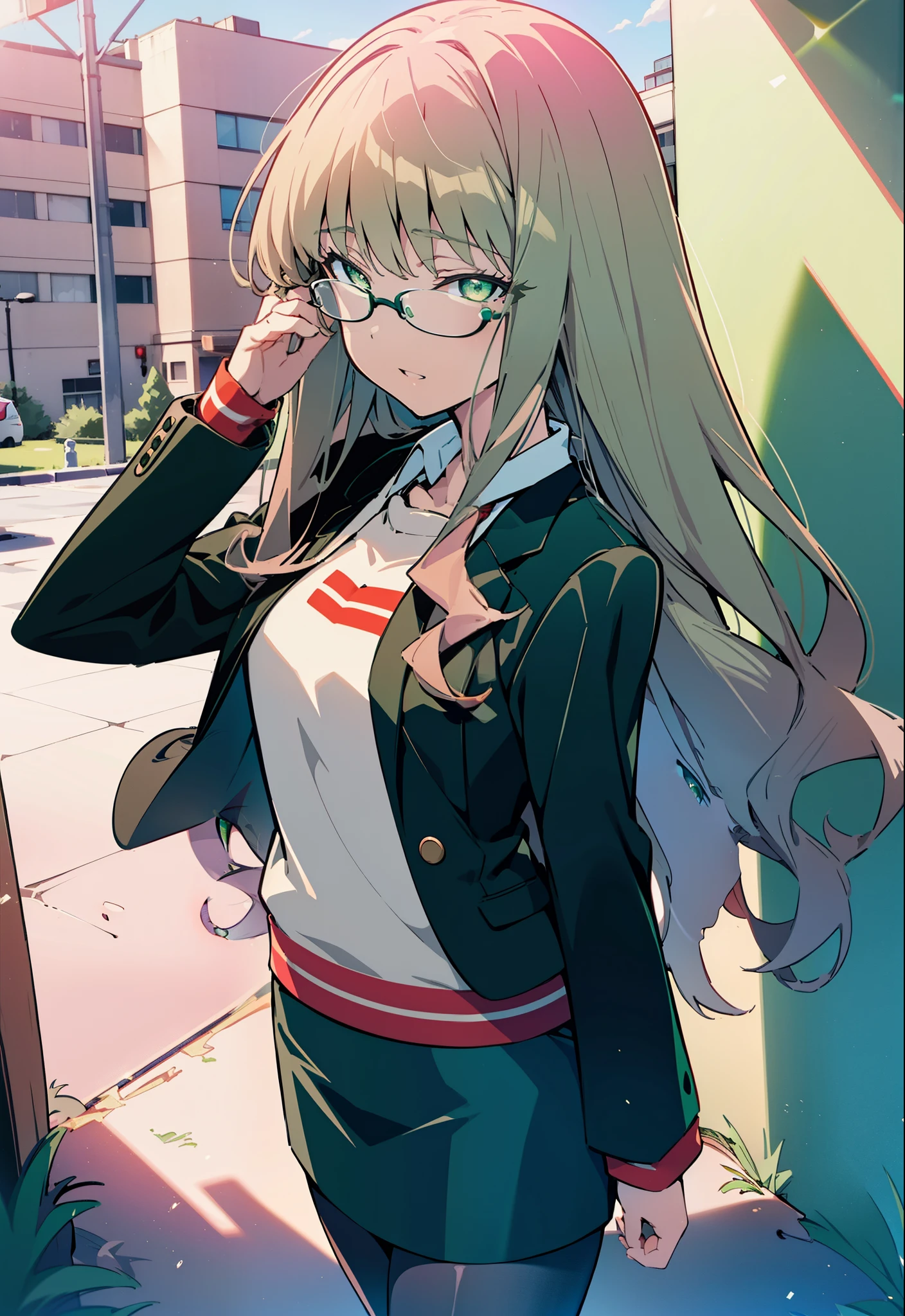 Minami Yume ,sss dynazenon ,Long Hair, Brown Hair, (Green Eyes:1.5) ,Medium chest,hair band,happy smile, smile, Open your mouth,OL, Black-rimmed glasses, end, black suit jacket, Collared jacket, White dress shirt, Collared shirt, Neckline, button, Black pencil skirt, Black pantyhose,Stiletto heels,morning,morning陽,The sun is rising,So that the whole body goes into the illustration,
break looking at viewer, (Cowboy Shot:1. 5)
break outdoors, In town,Building district,
break (masterpiece:1.2), highest quality, High resolution, unity 8k wallpaper, (figure:0.8), (Detailed and beautiful eyes:1.6), Highly detailed face, Perfect lighting, Extremely detailed CG, (Perfect hands, Perfect Anatomy),